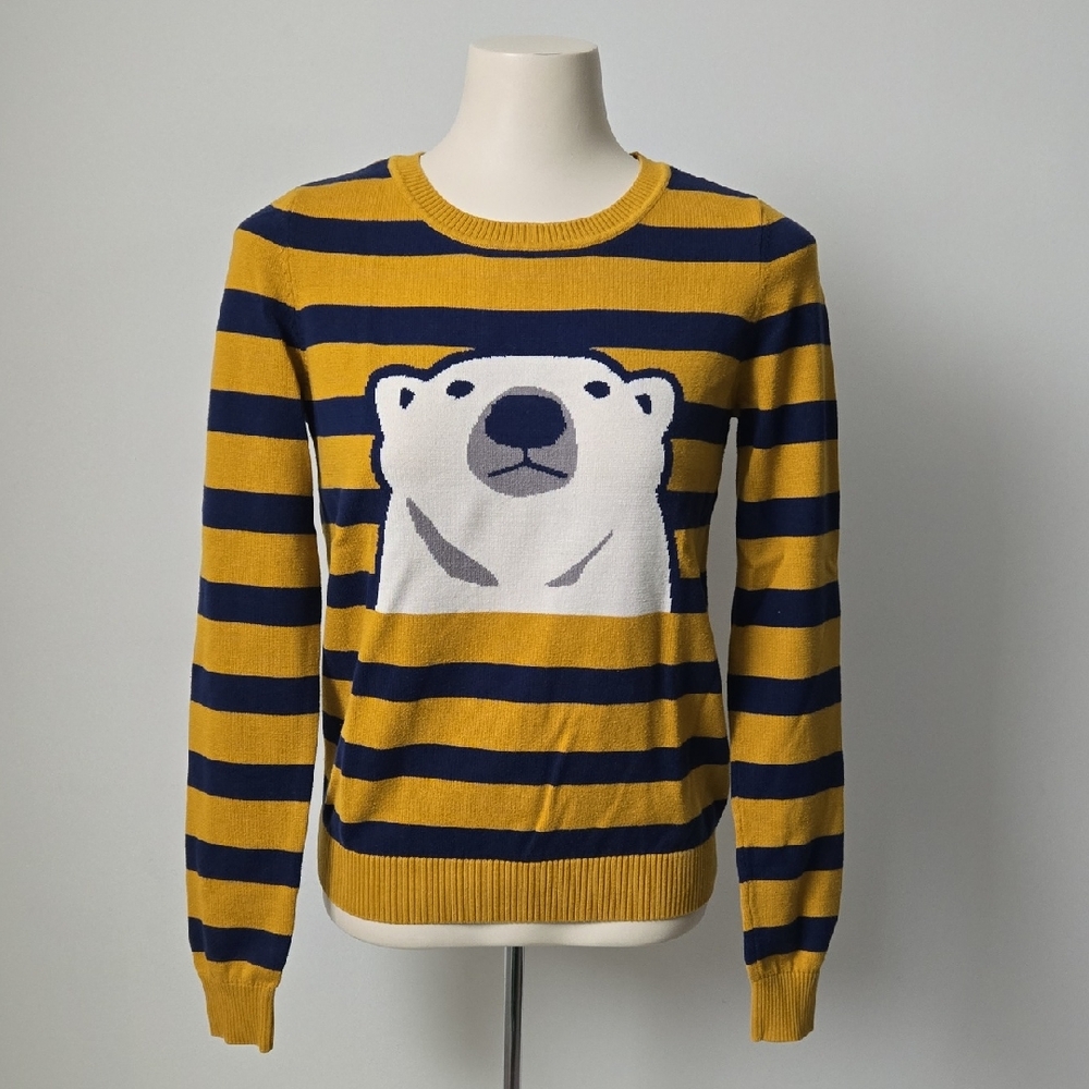 4/$20 ❤️ Forever 21 Mustard & Navy Striped Knit Polar Bear Sweater (S)